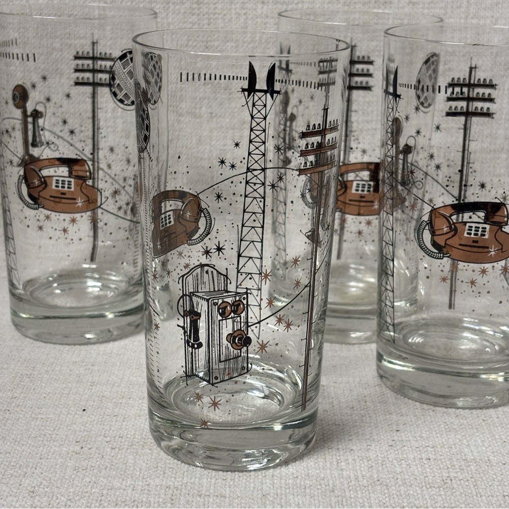 Lot (4) Vintage Mid-century Modern Highball Telephone Communications Glasses - Picture 4 of 6